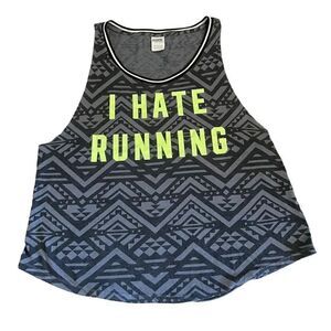 Victorias Secret Pink I Hate Running Graphic Tank Black Grey Aztec Green L #1231